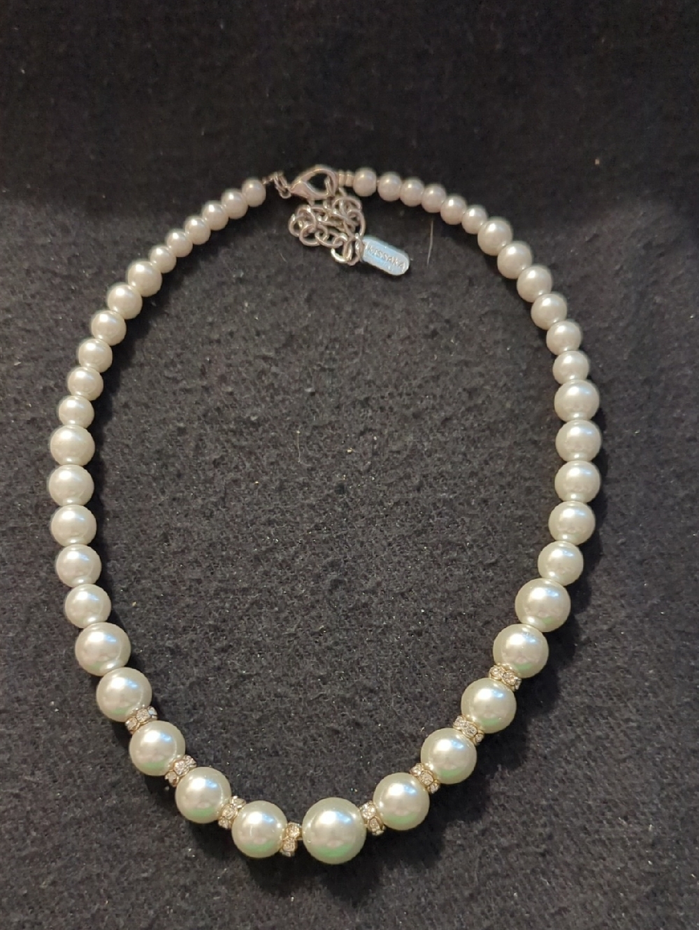 Kissaka Silver Tone Classic White Faux Pearl Clear Rhinestone Statement Necklace